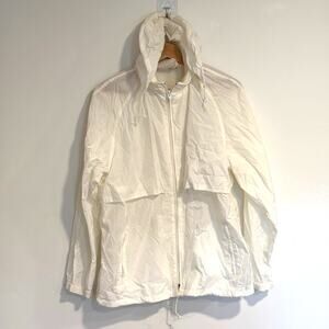 Vtg Woolrich Womens White Hooded Windbreaker Jacket Size L Lightweight Full Zip